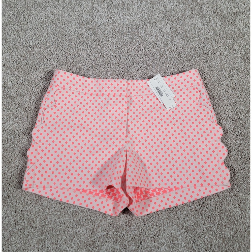 J. Crew Scalloped Shorts Womens Size 0 Coral White Polka Dot Pockets A6405 NWT